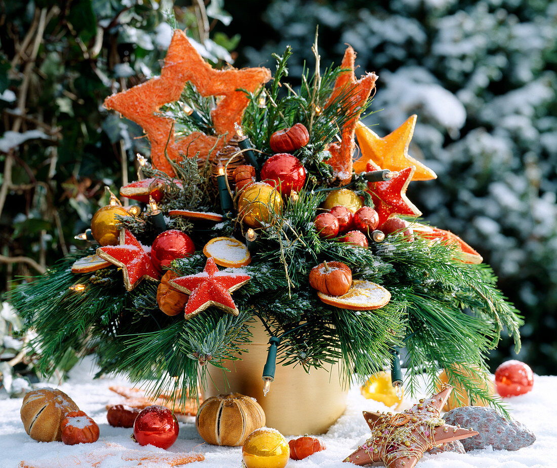 Christmas bouquet with snow, Picea (silk pine), Pinus (spruce), stars