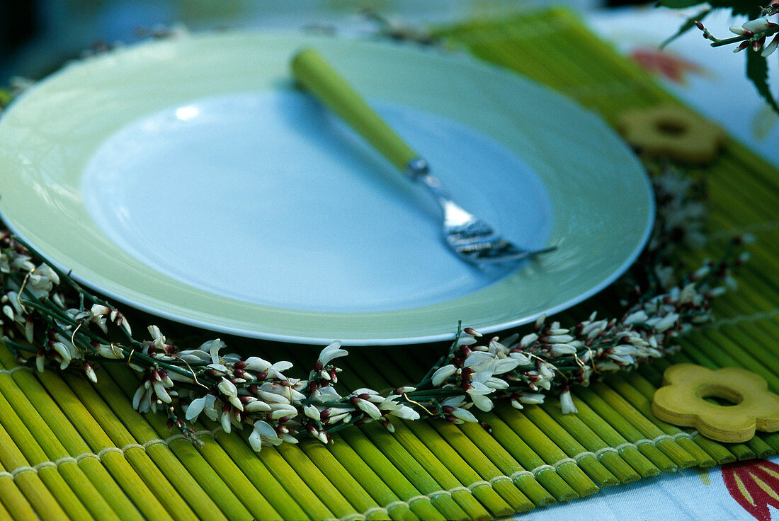 Table decoration with a wreath of Cytisus (broom)