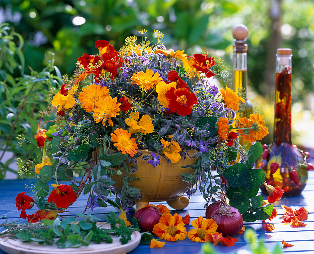 Herbal bouquet of Tropaeolum (nasturtium), dill, calendula