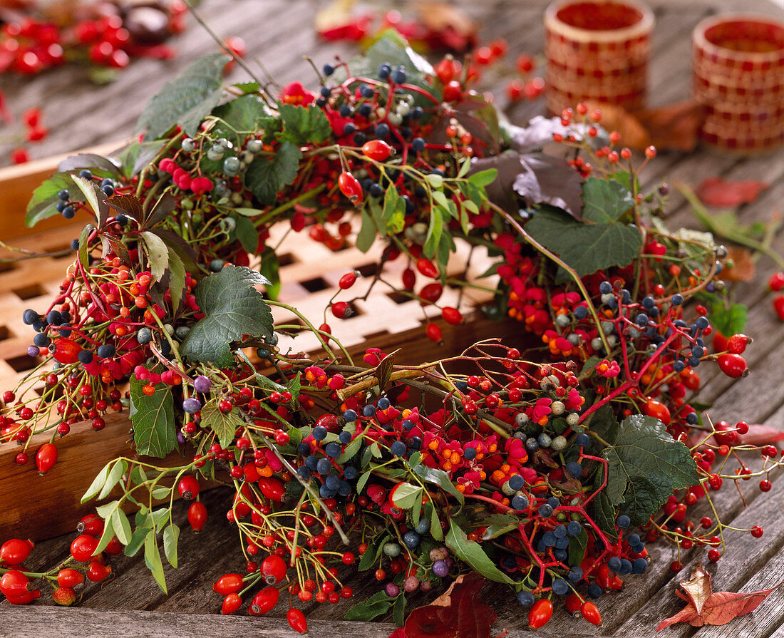 Berry crown with Rosa (rose hips of various wild roses), Euonymus (peony)