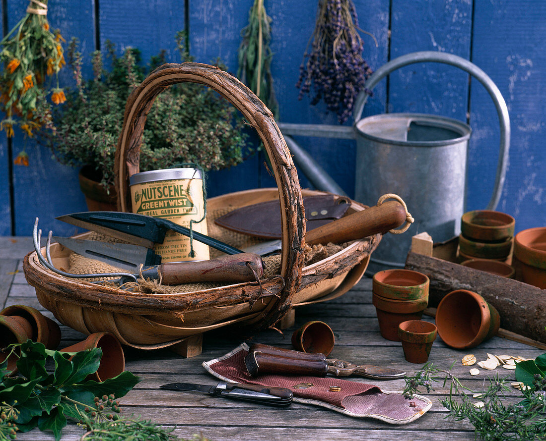 Basket with garden tools