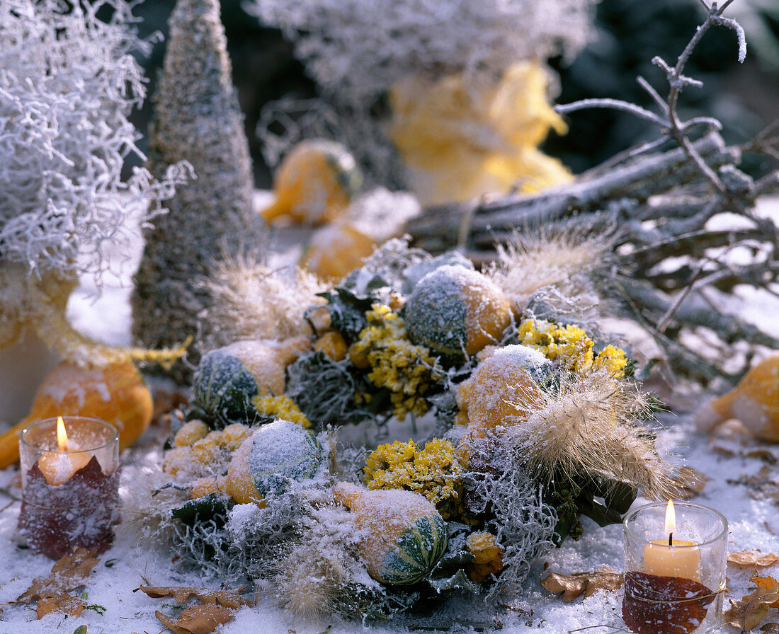 Kranz mit Rauhreif / Schnee, Cucurbita / Zierkürbisse, Limonium