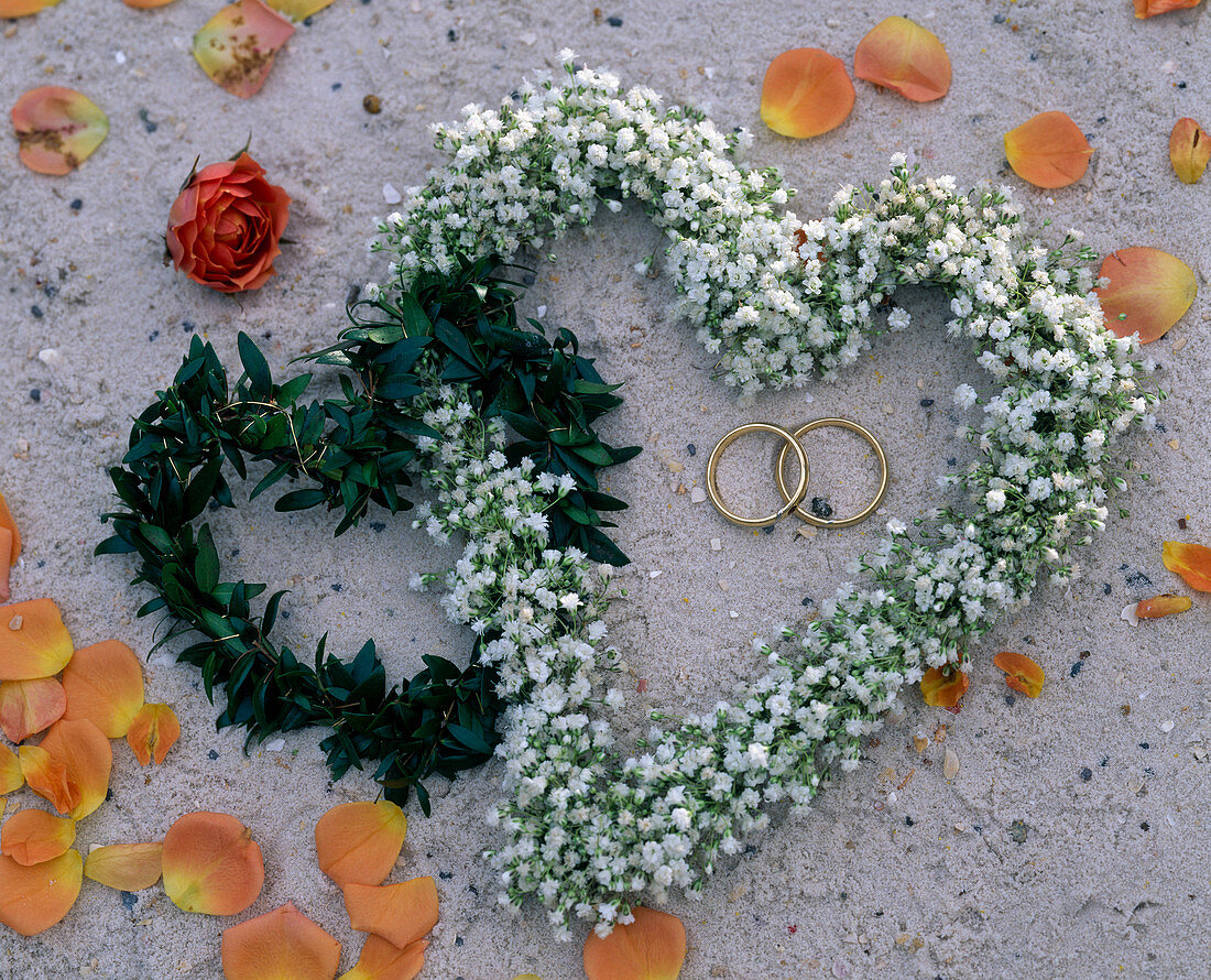 Hearts of Gypsophila (baby's breath), Myrtus (bridal myrtle)