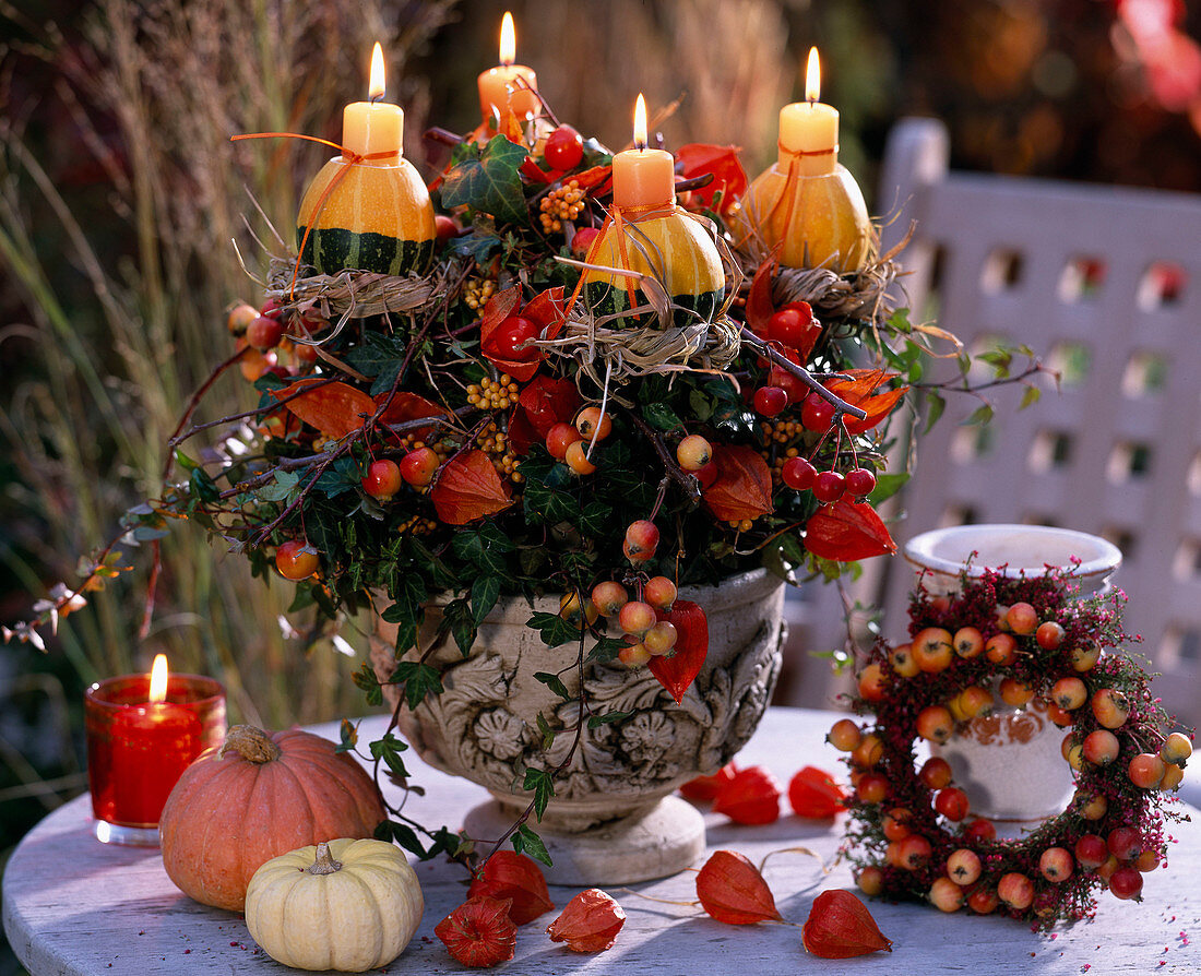 Ornamental pumpkins as candle holder on ivy plant