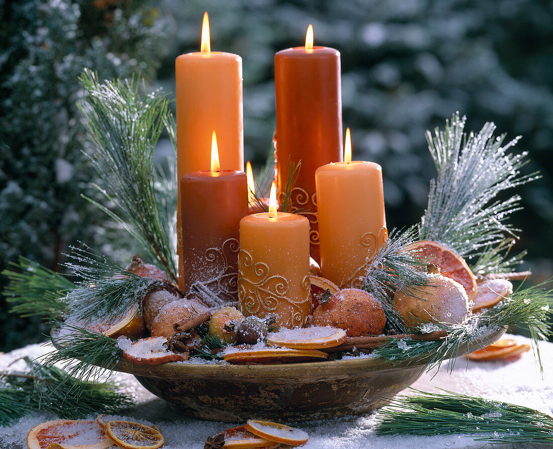 Bowl with candles, Pinus strobus (silk pine)