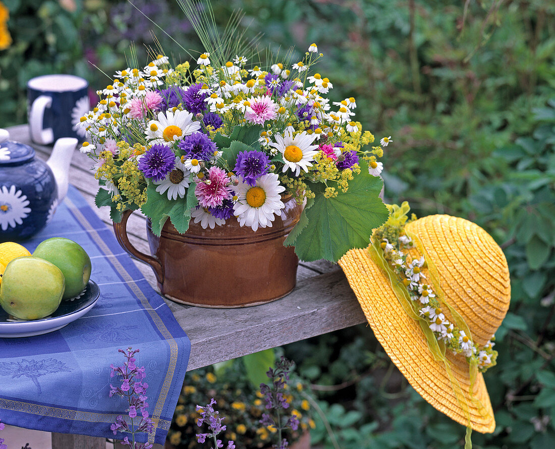 Leucanthemum (marguerite), Centaurea (cornflower), Alchemilla)