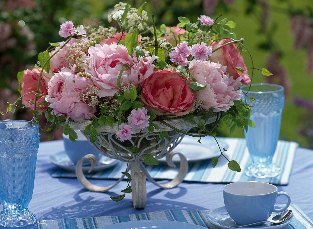 Rosa 'Esperance' (Rose), Paeonia' Sarah Bernard' (Pfingstrose)