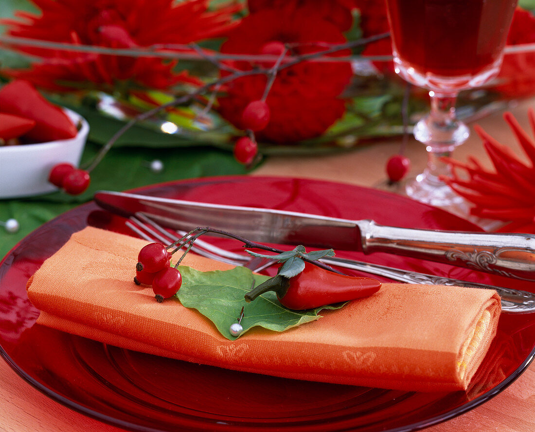 Orange napkin with aristolochia (whistling vine leaf), pink (rosehips)