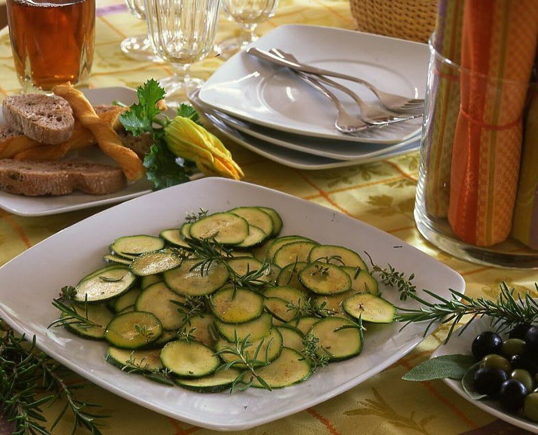 Marinated courgettes as a starter