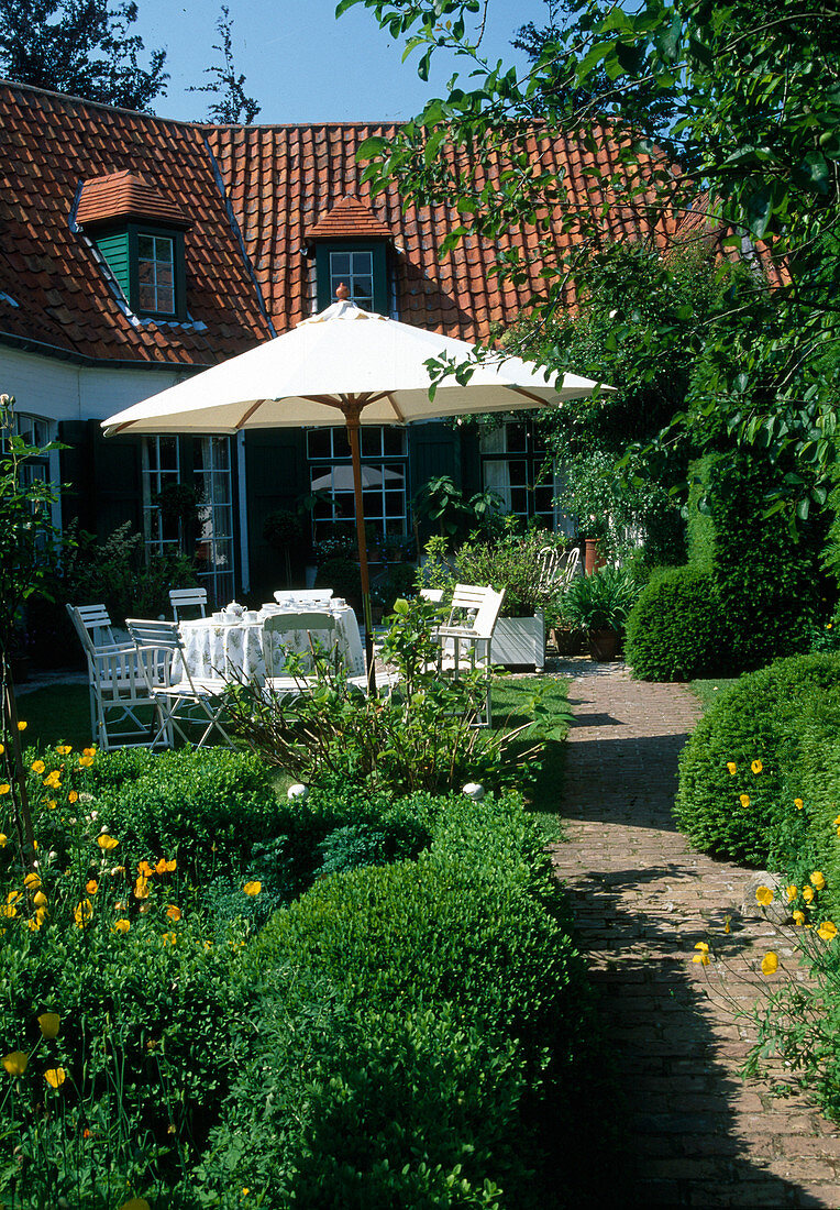 Sitzplatz auf Terrasse am Haus, Buxus (Buchs) Hecken als Einfassung