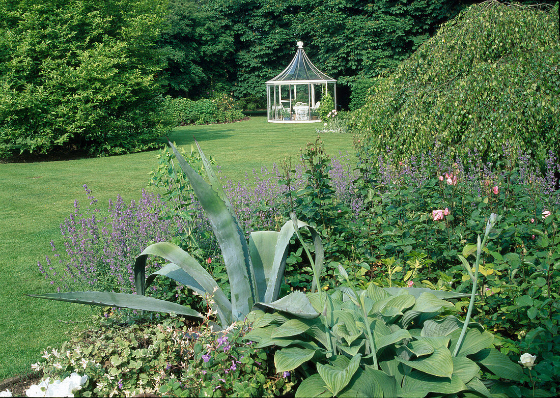 View from the perennial bed with Hosta (Funkie), Rosa (Rose), Nepeta (Catmint), Glechoma (Gundermann) and Agave over lawn to white pavilion with seating area, Betula pendula 'Youngii' (Weeping Birch)