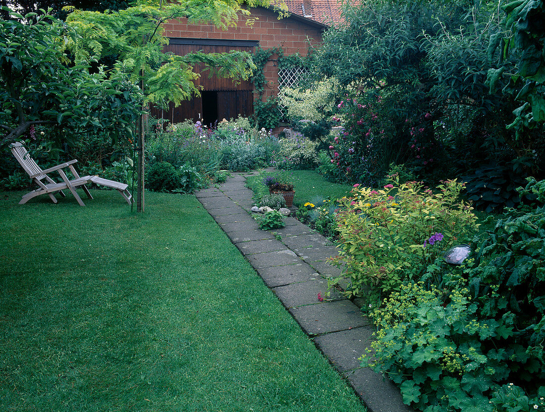 Kleiner Stadtgarten mit Alchemilla (Frauenmantel), Spiraea japonica 'Golden Princess' (Japanspiere), Holzliege neben Robinia (Robinie) - auf dem Rasen