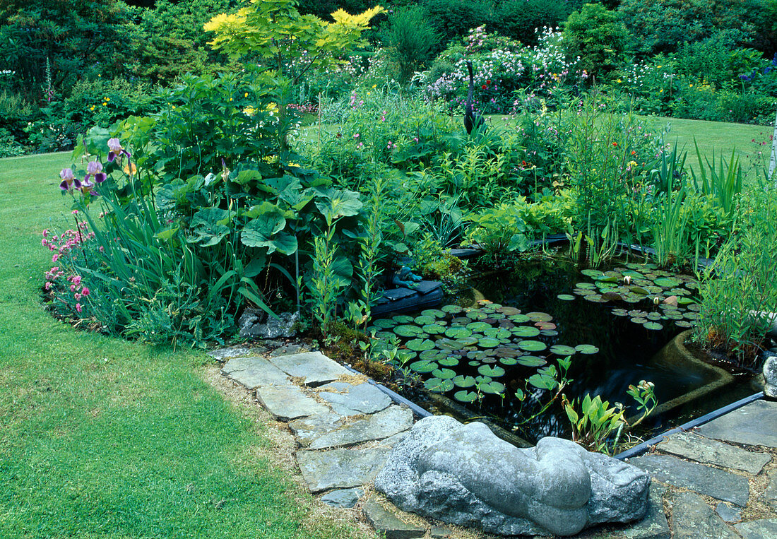 Pond basin with Nymphaea (water lilies) and marsh plants, herbaceous border with Iris barbata (iris), reclining figure as decoration