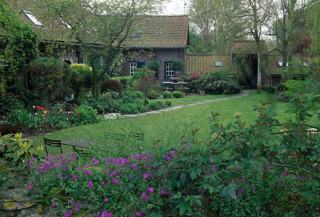 Country house garden in spring, view over lawn to house and flower bed