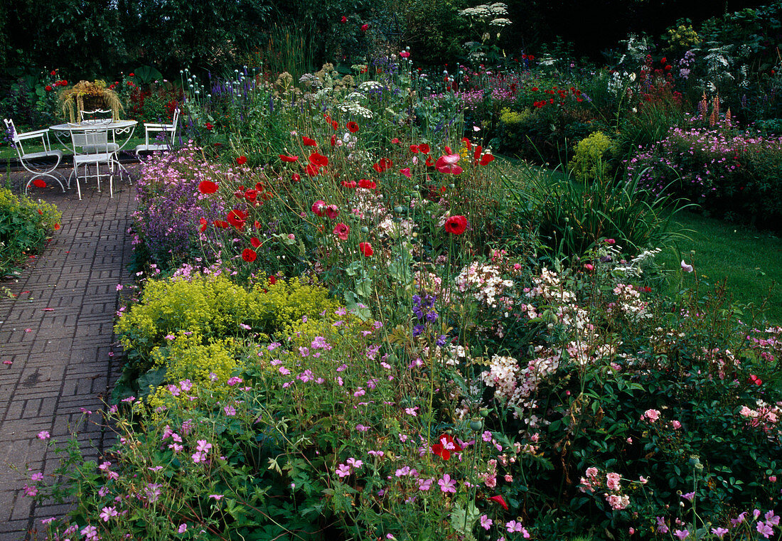Colourful beds with geranium (cranesbill), alchemilla mollis (lady's mantle), Rosa 'Ballerina', 'The Fairy' (roses), papaver rhoeas (corn poppy), paved path leads to white seating area