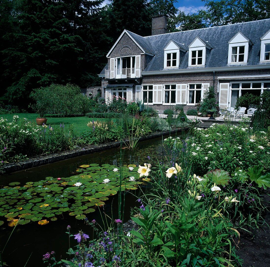 Country house with rectangular garden pond, Nymphaea (water lilies) and water fountain, bed with perennials: Campanula (bellflowers), Hemerocallis (daylilies)
