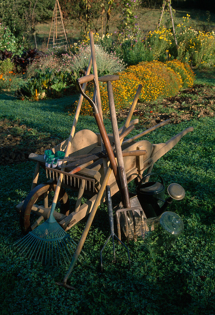 Garden tools: wheelbarrow, rake, spade, digging fork, leaf broom, cultivator, hoe, hedge trimmer, watering can, glass bell, gloves