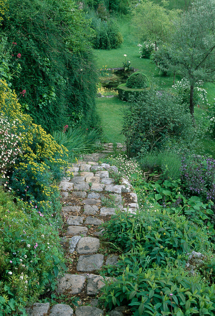 Weg aus Kopfsteinpflaster zwischen Beeten führt hinunter in den Garten zum Teich