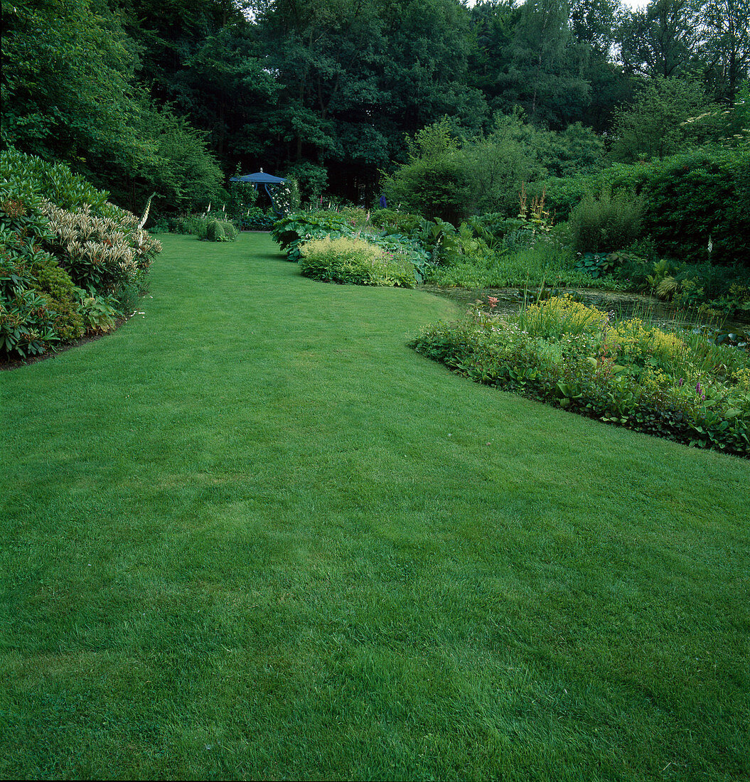 Garden view with lawn, rhododendron, perennial beds and pond, in the background blue pavilion