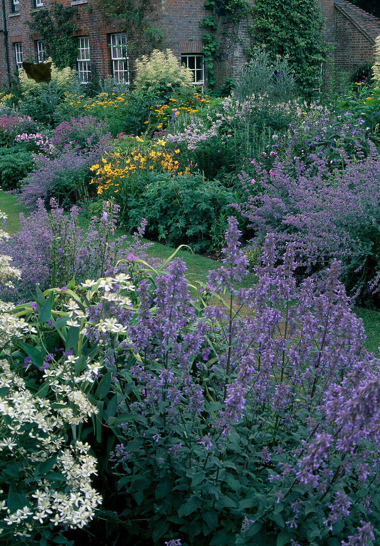 Beds with Nepeta 'Six Hills Giant' (Catmint), Clematis recta (Clematis), Hemerocallis (Daylilies), Geranium (Cranesbill), Helenium (Sunflower), Aruncus (Geissbart)