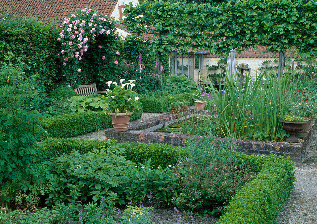 Garten mit niedrigen Buchshecken, Stauden, Rosenspalier und kleinem Teich