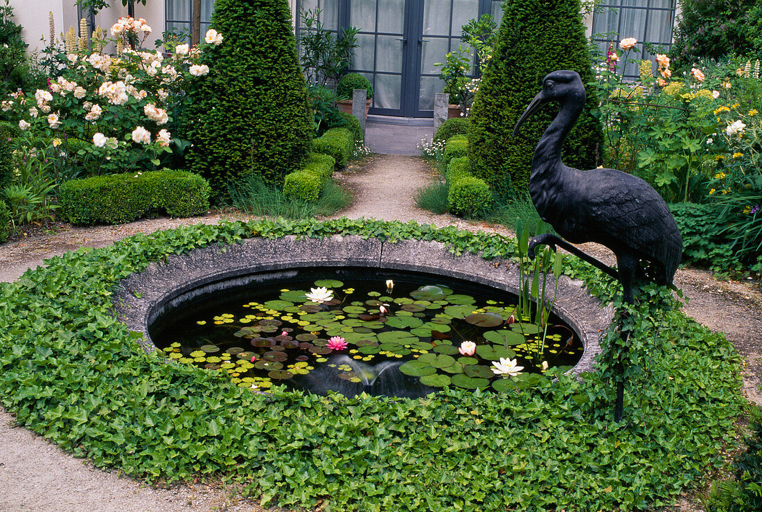 Gemauerter kleiner Teich mit Seerosen, umwachsen mit Hedera helix (Efeu) bewacht von Kranich aus Bronze