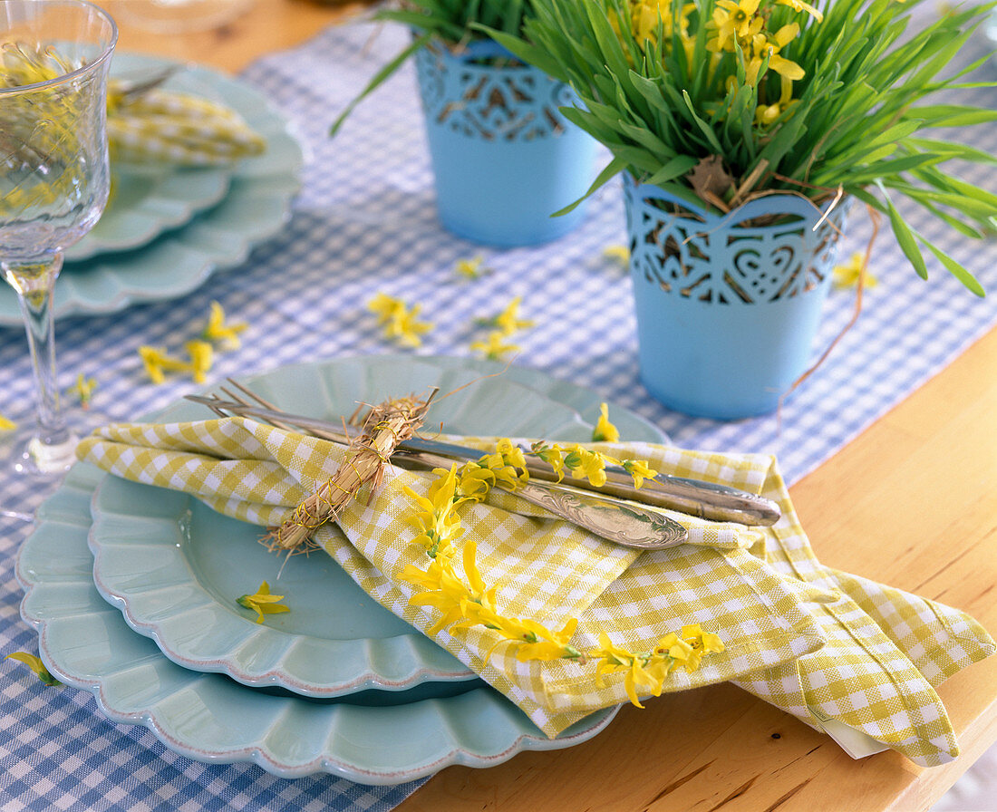 Serviette mit aufgefädelten Forsythia (Goldglöckchenblüten)