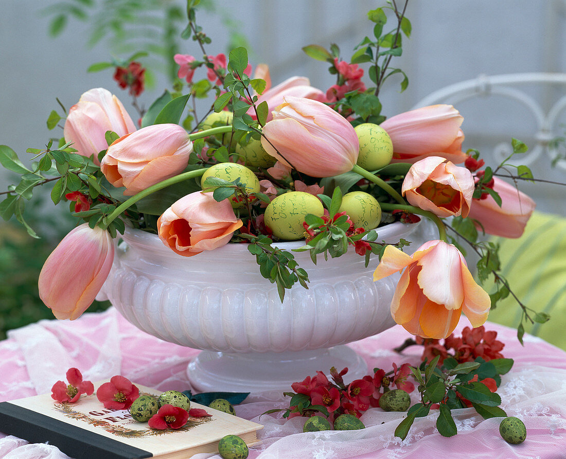White bowl with Tulipa (salmon tulips)