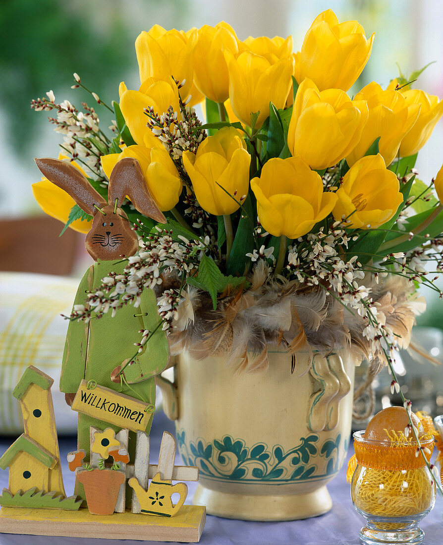 Yellow tulip bouquet with gorse and feather cuff