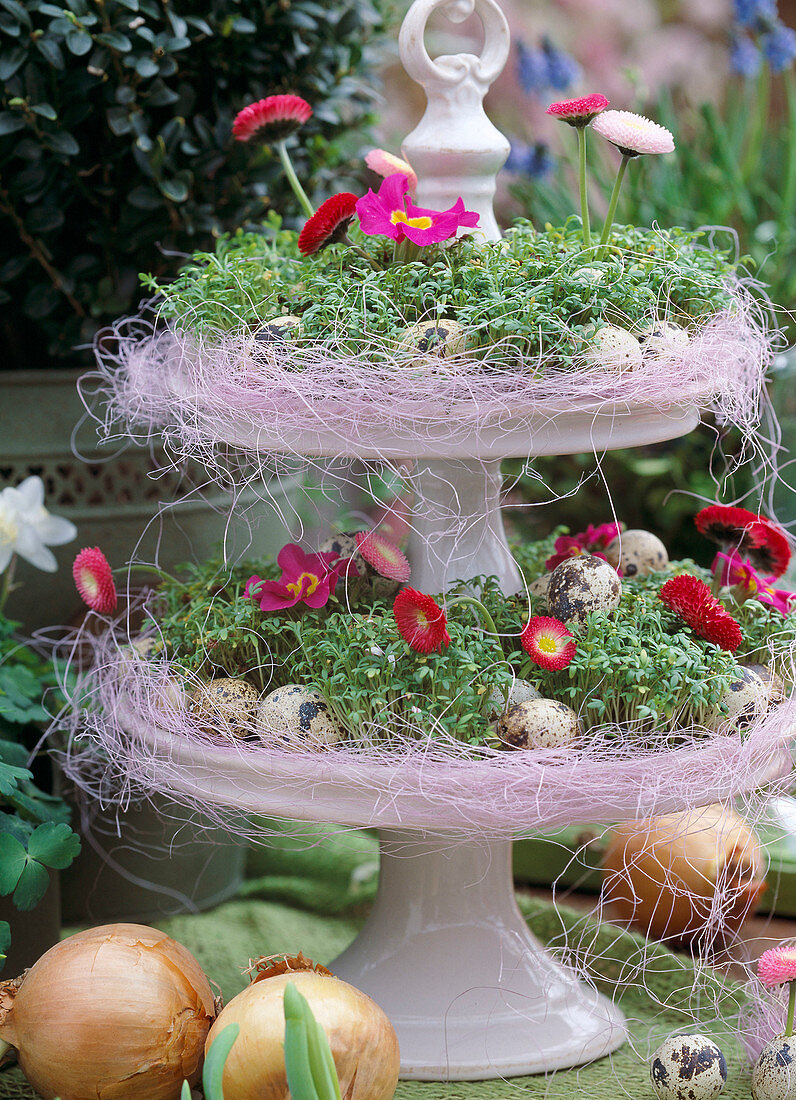 Porcelain etagere with seeded cress