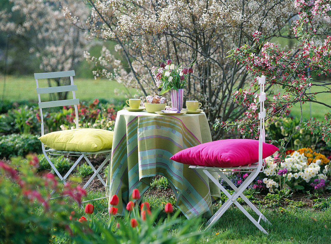 Small seating group in front of flowering rock pear in the garden