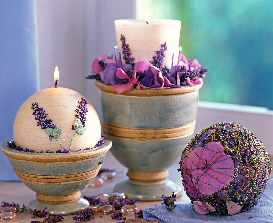 Lavender candles decorated with lavandula (lavender)
