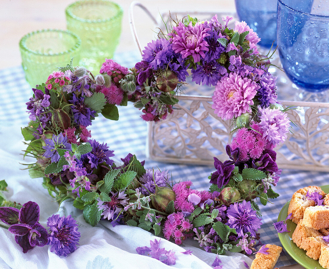 Heart of blue and pink flowers