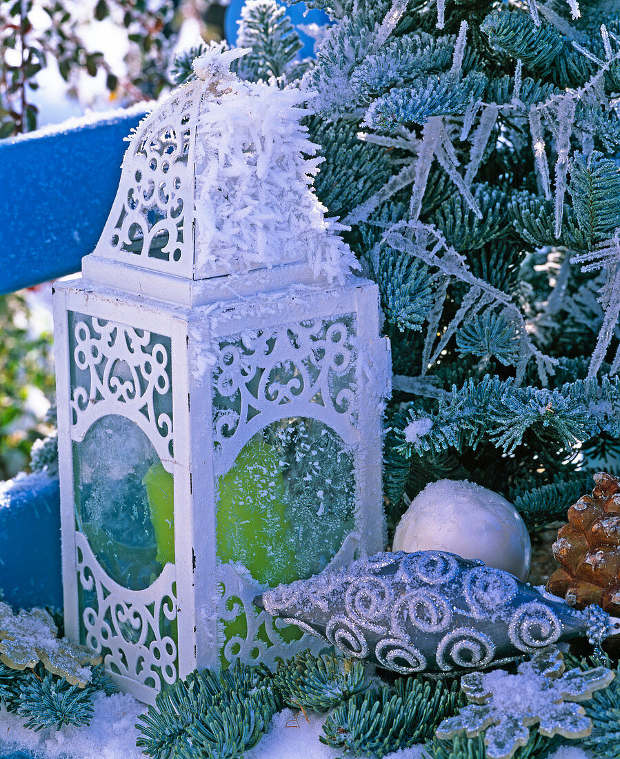White lantern with ornaments and green candle in hoarfrost
