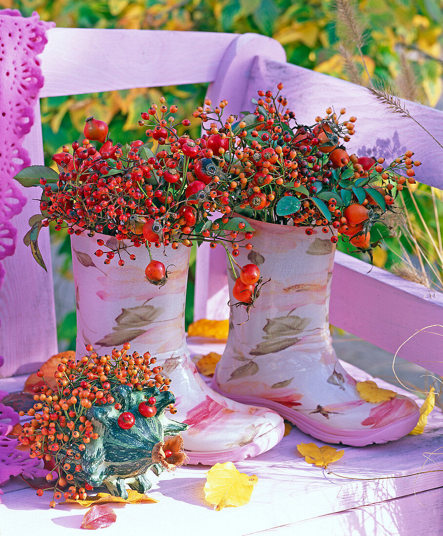 Bouquets of Rose in pink patterned children's rubber boots