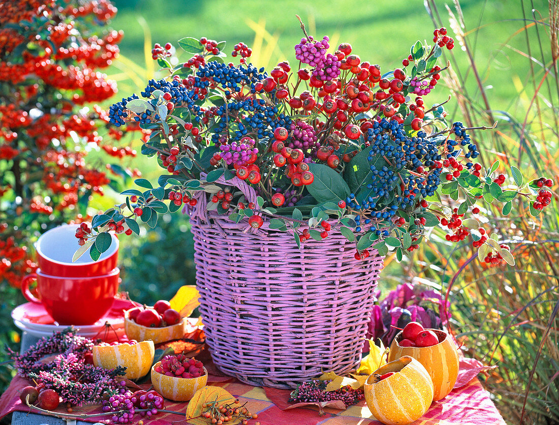 Strauß aus Viburnum tinus (Schneeballfrüchten), Rosa (Hagebutten)