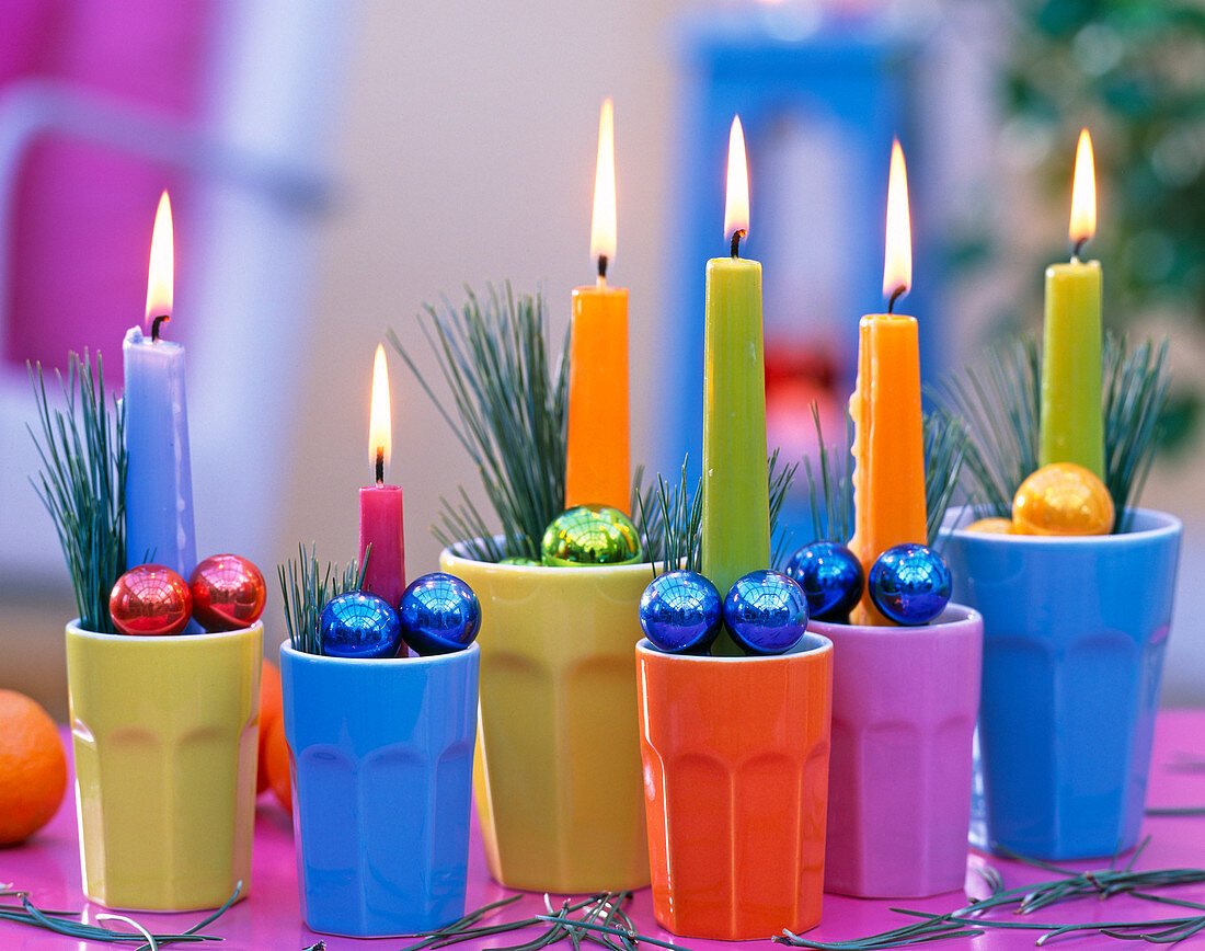 Colourful taper candles in colourful cups, Pinus (silk pine), tree balls