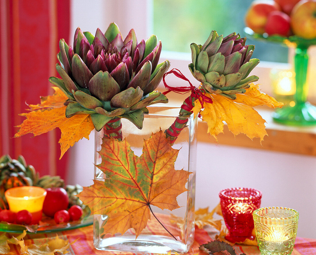 Maple leaf on glass vase