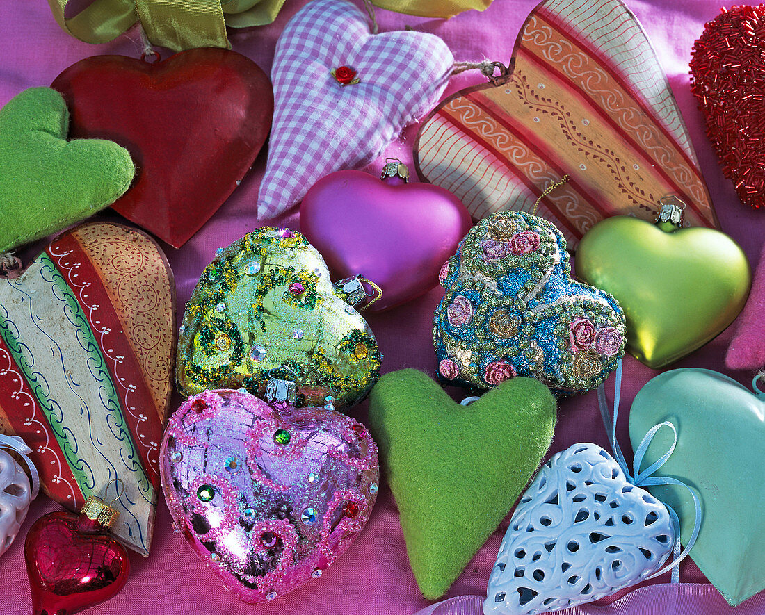 Hearts of glass, metal, ceramic and fabric