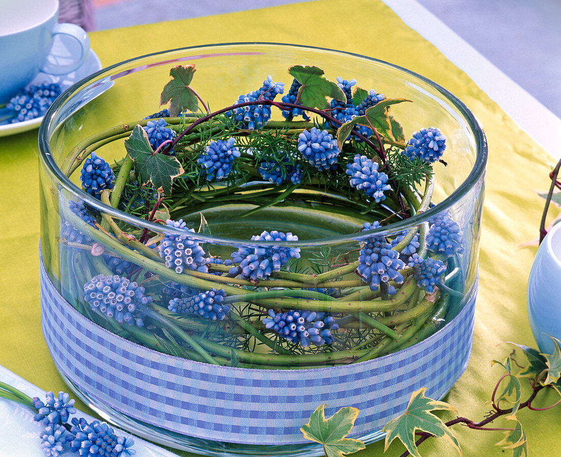 Schale mit Kranz aus Muscari (Traubenhyazinthen), Cornus (Hartriegel)