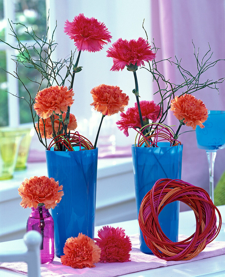 Dianthus (carnations) and Vaccinium (blueberries) in blue vases