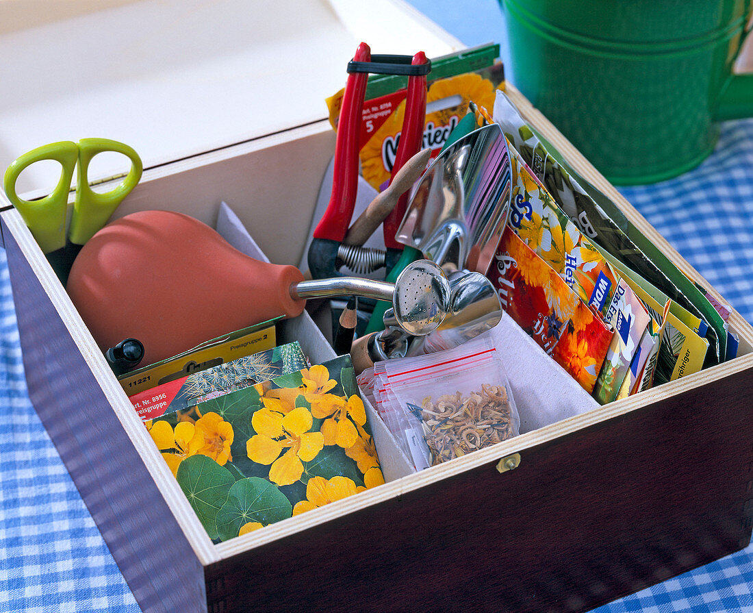 Box with seedlings, spray ball, scissors, pricking sticks