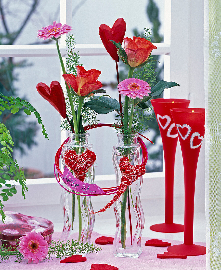 Valentinstag am Fenster: Rosa (Rosen, orange-rot)