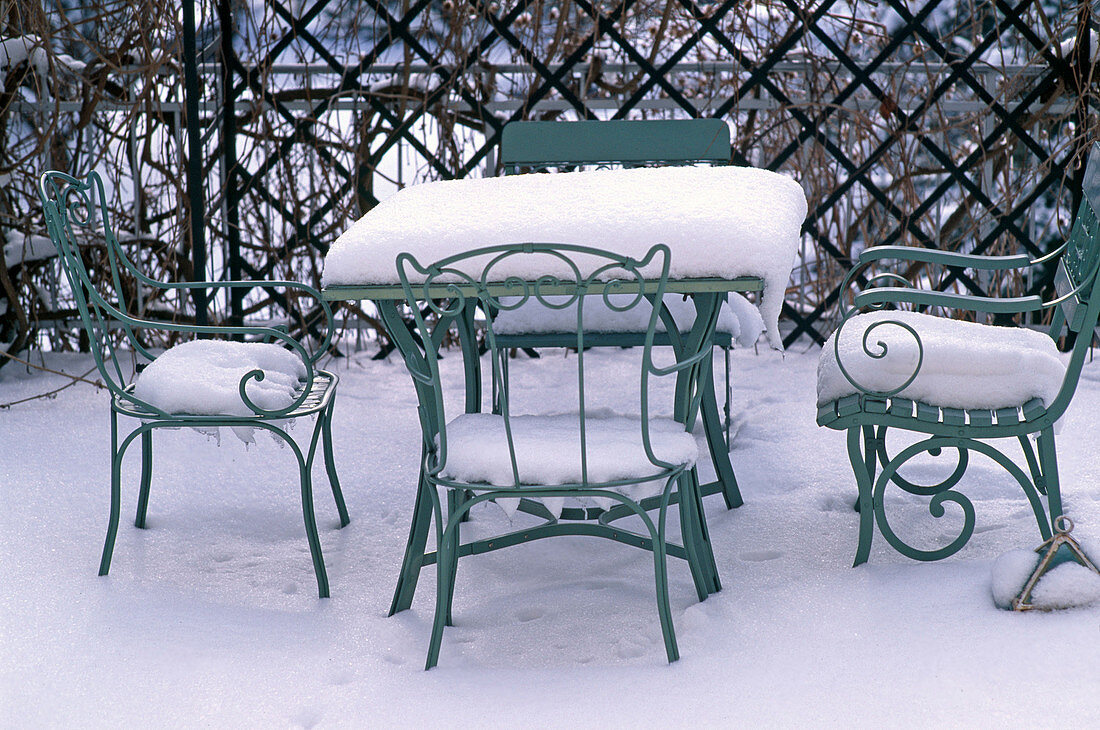 Snowy terrace with snowy grey-green set