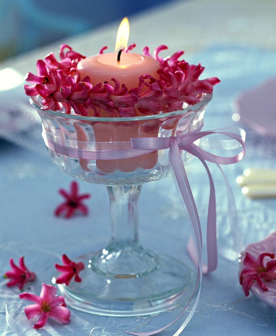 Wreath of pink blossoms of Hyacinthus (hyacinths) - placed around a pink ball candle