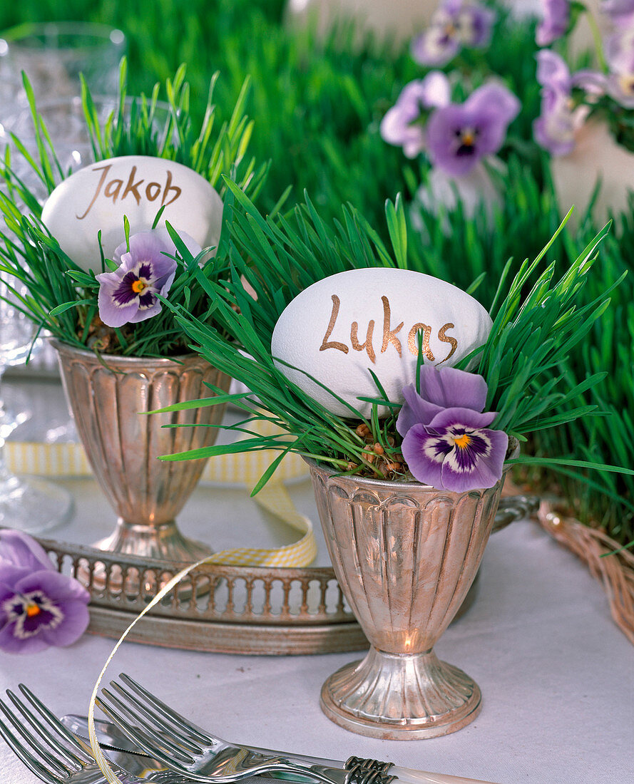 Festive table decoration with grass runner and pansy flowers