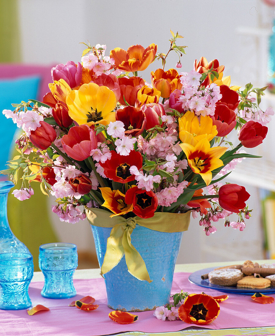 Bouquet of Prunus and Tulipa, yellow and red