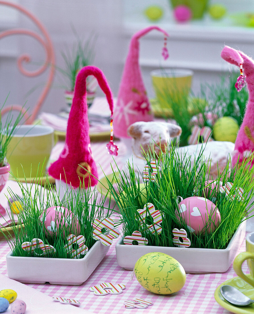 Easter grass in rectangular bowls