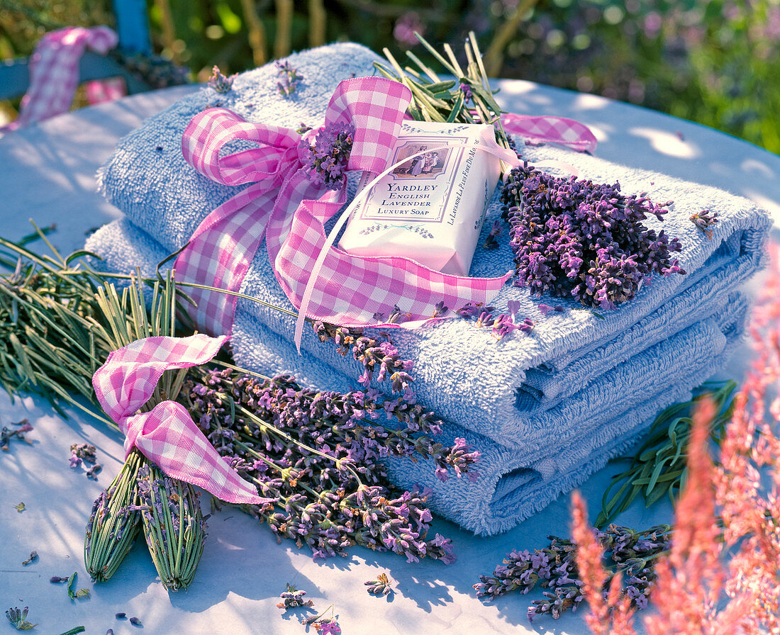 Lavandula (Lavendel) als Flaschen und Sträußchen auf blauen Handtüchern