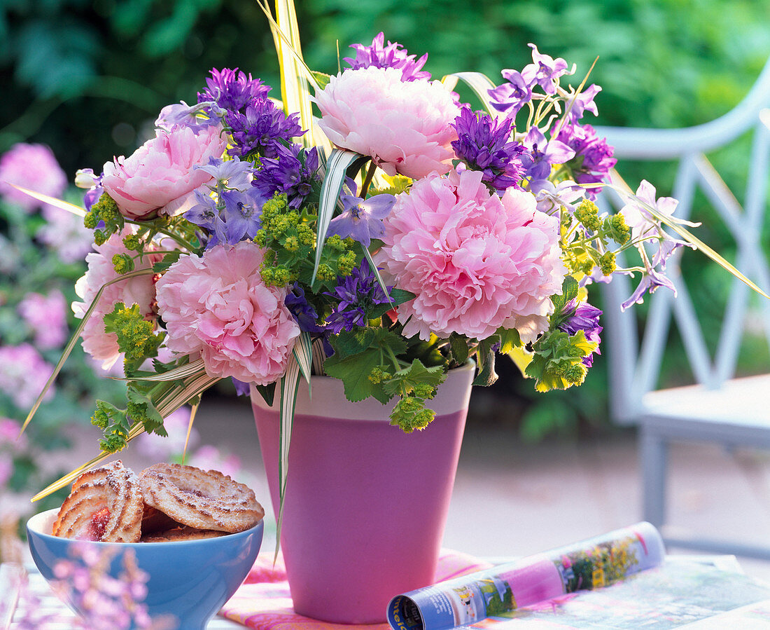 Bouquet from Paeonia Rosa, Campanula